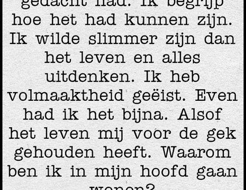 Ik heb een ander leven dan ik voor mezelf gedacht had. Ik begrijp hoe het had kunnen zijn. Ik wilde slimmer zijn dan het leven en alles uitdenken. Ik heb volmaaktheid geëist. Even had ik het bijna. Alsof het leven mij voor de gek gehouden heeft. Waarom ben ik in mijn hoofd gaan wonen? - J. Matthijs van der Meer