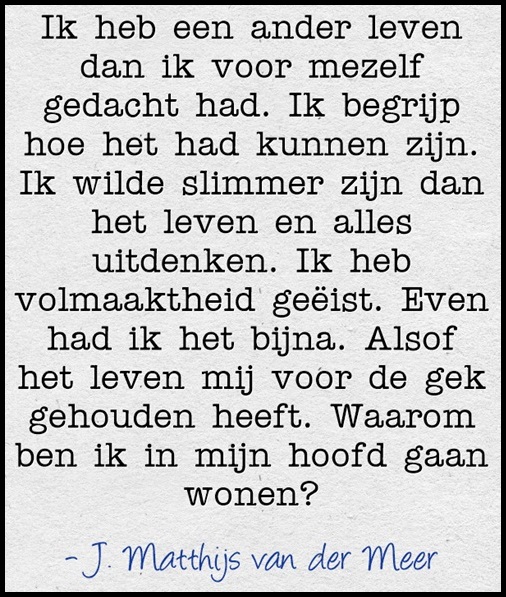 Ik heb een ander leven dan ik voor mezelf gedacht had. Ik begrijp hoe het had kunnen zijn. Ik wilde slimmer zijn dan het leven en alles uitdenken. Ik heb volmaaktheid geëist. Even had ik het bijna. Alsof het leven mij voor de gek gehouden heeft. Waarom ben ik in mijn hoofd gaan wonen? - J. Matthijs van der Meer