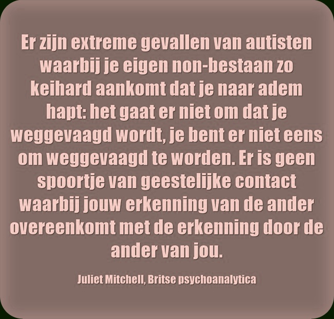 Er zijn extreme gevallen van autisten waarbij je eigen non-bestaan zo keihard aankomt dat je naar adem hapt: het gaat er niet om dat je weggevaagd wordt, je bent er niet eens om weggevaagd te worden. Er is geen spoortje van geestelijke contact waarbij jouw erkenning van de ander overeenkomt met de erkenning door de ander van jou.