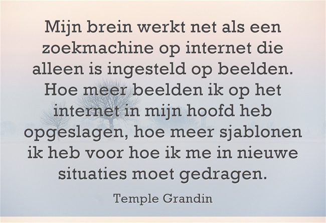 "Mijn brein werkt net als een zoekmachine op internet die alleen ingesteld is op beelden. Hoe meer beelden ik op het internet in mijn hoofd heb opgeslagen, hoe meer sjablonen ik heb voor hoe ik me in nieuwe situaties moet gedragen' - Temple Grandin