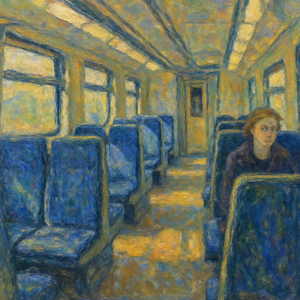 Een vrouw zit alleen in een trein, rechtop in het midden. Haar blik is leeg en ze wiegt zachtjes heen en weer. De rest van de comfortabele blauwe stoelen in de trein zijn leeg.