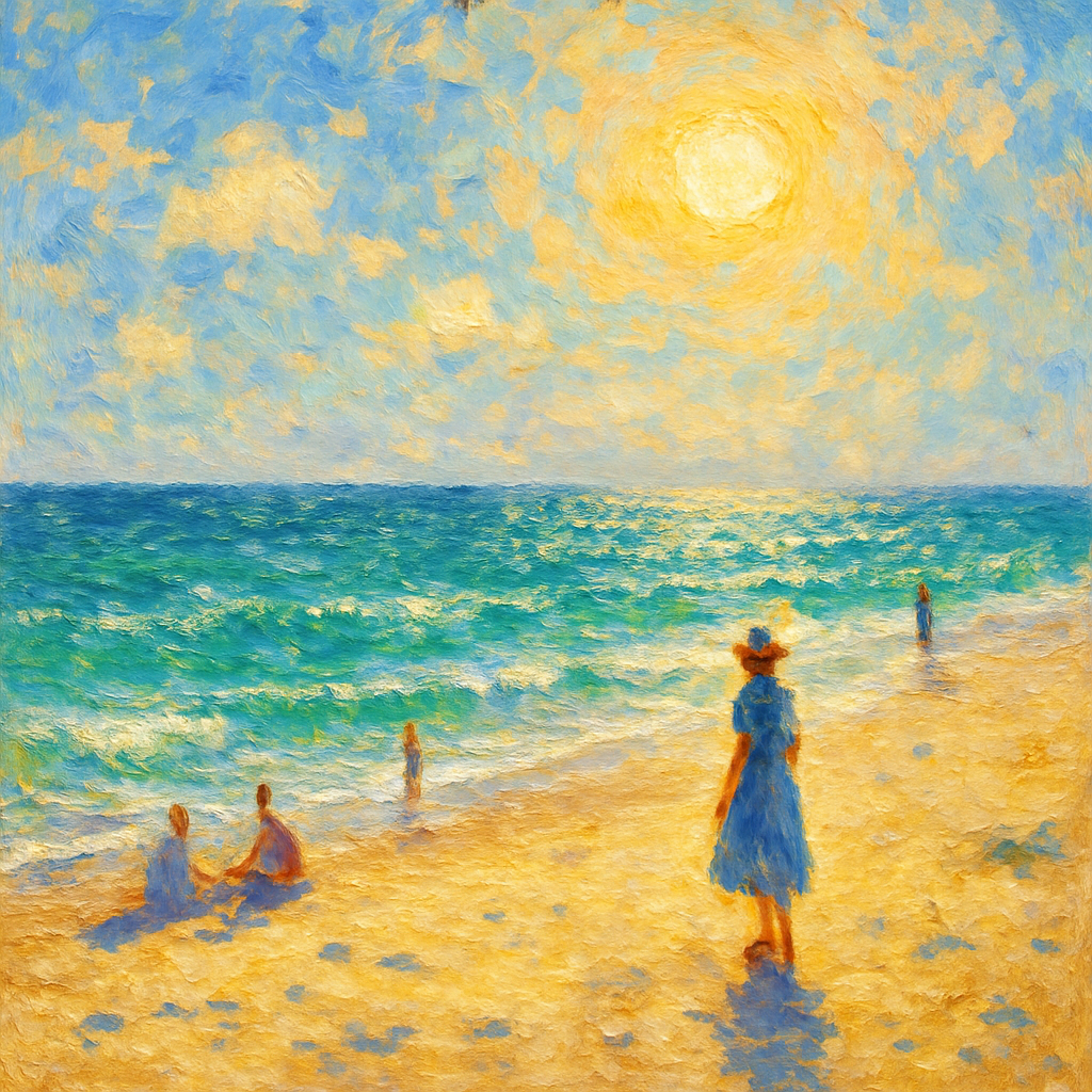 Een schilderij van een zonnig strand met mensen die zich ontspannen aan de kust. De zee is turquoise en golvend, de lucht is helder met een zon bovenaan. Een vrouw in een blauwe jurk wandelt langs de waterlijn, terwijl anderen spelen in het zand en water.