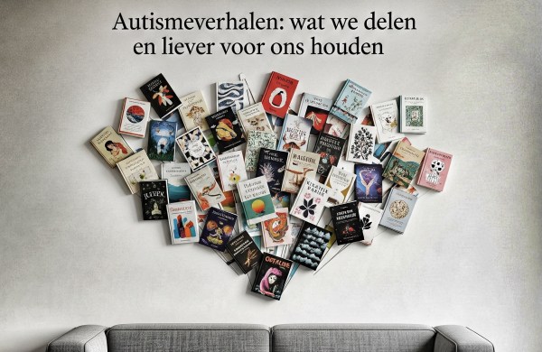 een sofa met daarboven een collage van covers van boeken geschreven door autistische mensen en daarboven 'autismeverhalen: wat we delen en liever voor ons houden"